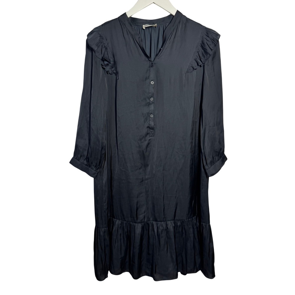 Zadig & Voltaire Black Satin Ruffle Shoulder Button Front Flounce Mini Dress